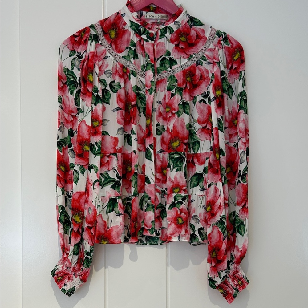 Alice + Olivia Red and Green Floral Blouse